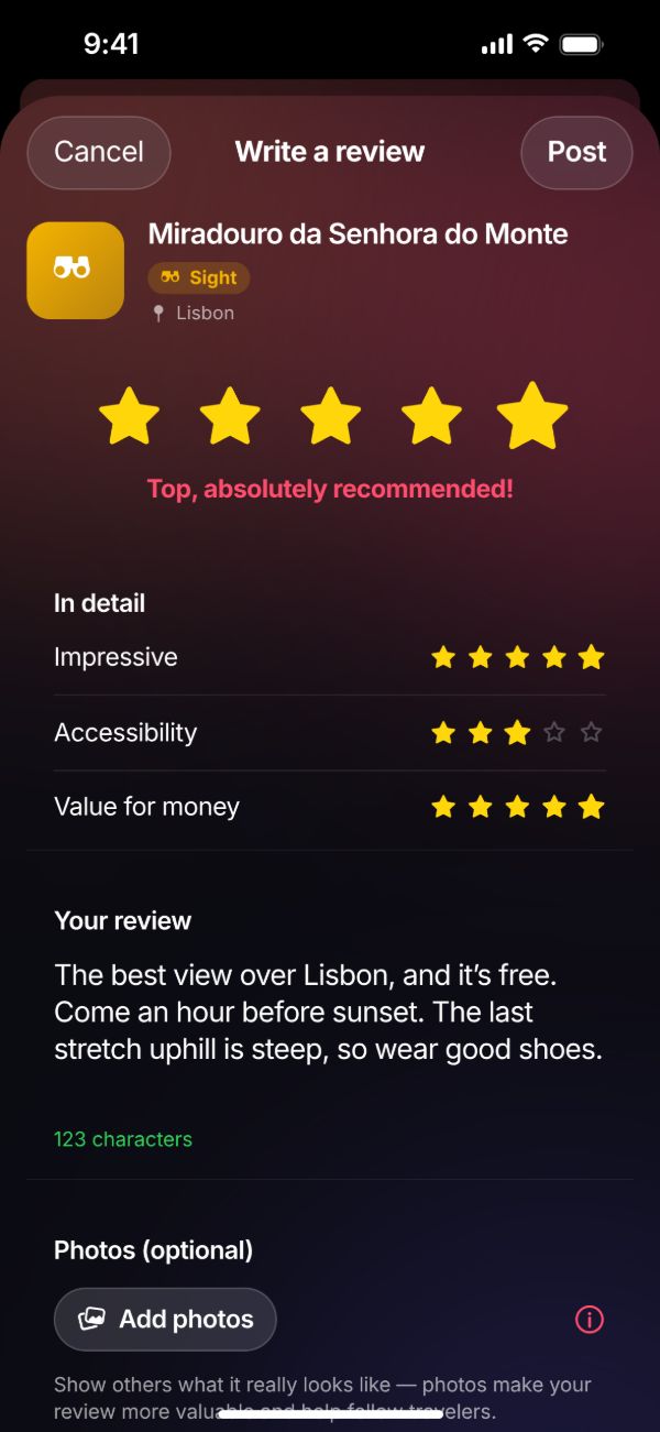 Bewertung in der App: Miradouro da Senhora do Monte mit Sternen und Teil-Noten