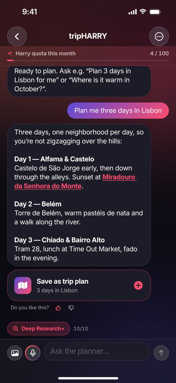 tripHARRY in der App: Auf „Plan me three days in Lisbon“ folgt ein Plan mit drei Tagen und der Knopf „Save as trip plan“