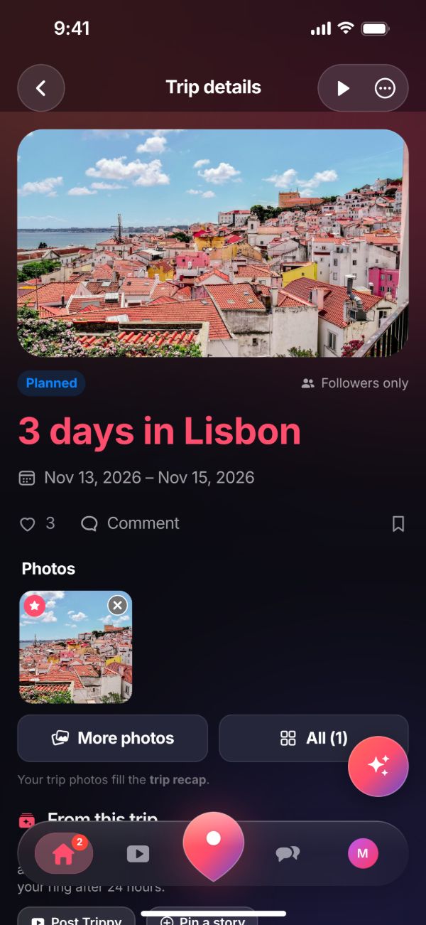Reise in der App: „3 days in Lisbon“ mit Foto, darunter die Knöpfe für Trippy und Story