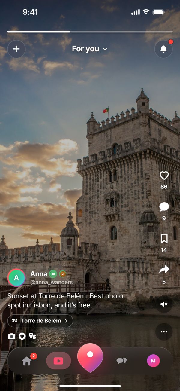 Trippy-Feed in TripHar: kurzes Video vom Torre de Belém bei Sonnenuntergang, mit dem Ort verknüpft