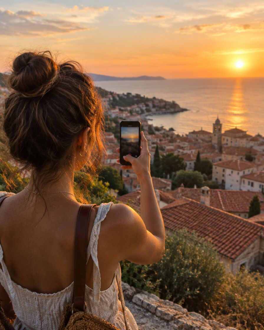 Eine Reisende filmt bei Sonnenuntergang mit dem Handy die Dächer einer Stadt am Meer