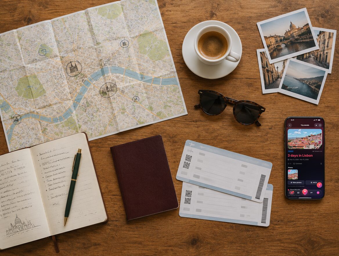 Reiseplanung auf einem Café-Tisch: Stadtplan, Notizbuch, Reisepass, Bordkarten, Fotos und ein Handy mit einer Reise in TripHar